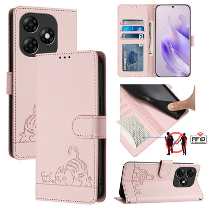 itel P55 4G Cat & Rat Embossed RFID Leather Case, Lanyard, Wallet, Card Slots, Kickstand, Anti-Fall, Scratch-Resistant