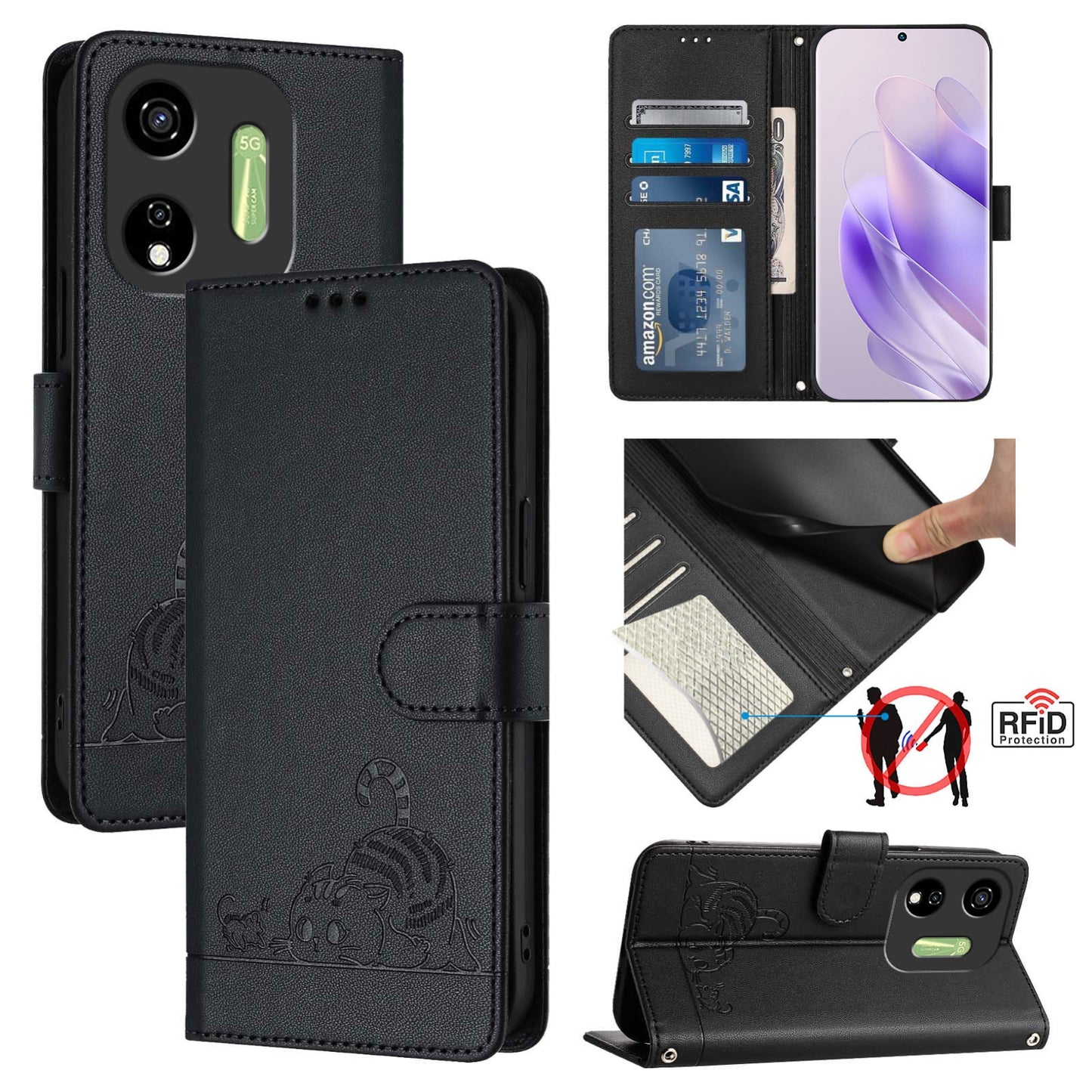 itel P55 5G Cat & Rat Embossed RFID Leather Case, Lanyard, Wallet, Card Slots, Kickstand, Anti-Fall, Scratch-Resistant