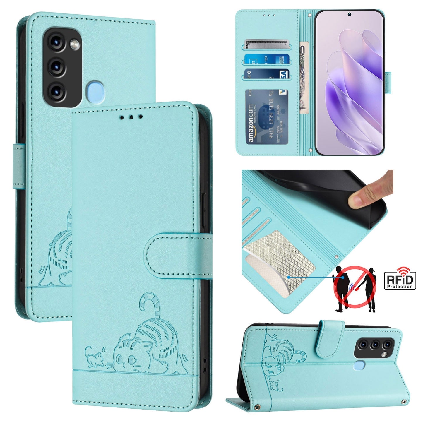 itel S17 S661W Cat & Rat Embossed RFID Leather Case, Lanyard, Wallet, Card Slots, Kickstand, Anti-Fall, Scratch-Resistant