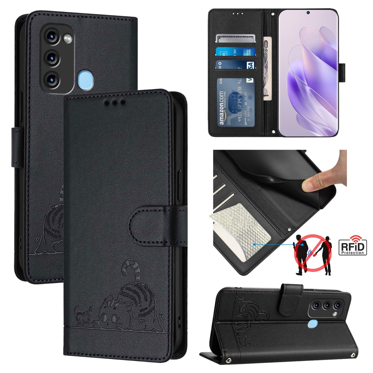 itel Vision 3 Cat & Rat Embossed RFID Leather Case, Lanyard, Wallet, Card Slots, Kickstand, Anti-Fall, Scratch-Resistant