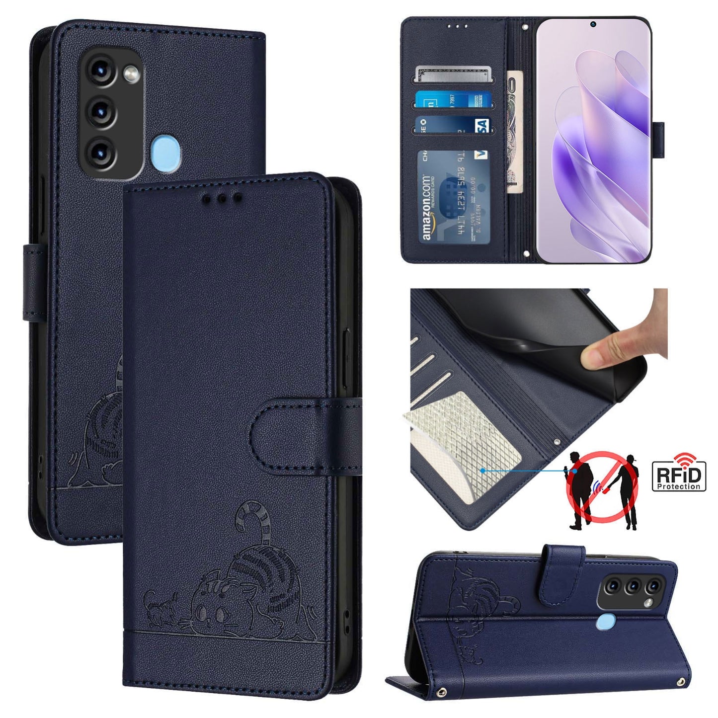 itel Vision 3 Cat & Rat Embossed RFID Leather Case, Lanyard, Wallet, Card Slots, Kickstand, Anti-Fall, Scratch-Resistant