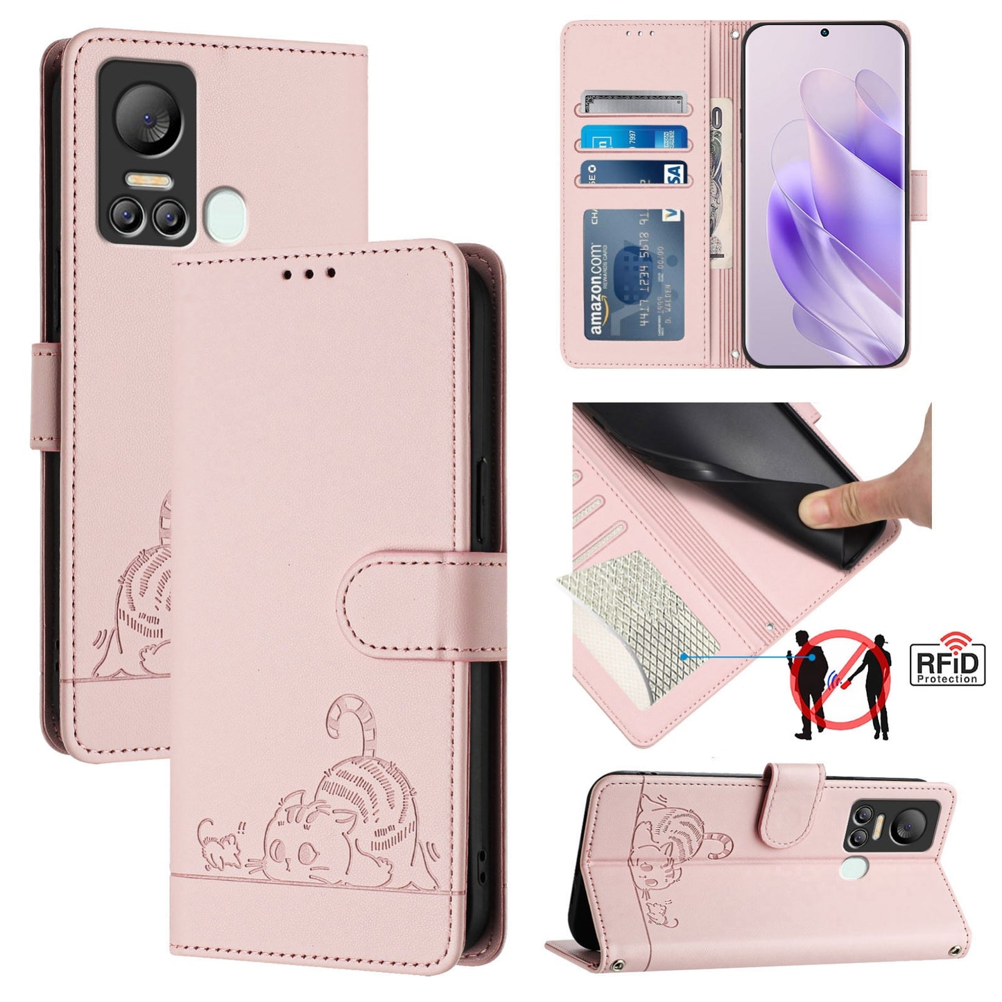 itel S18 Cat & Rat Embossed RFID Leather Case, Lanyard, Wallet, Card Slots, Kickstand, Anti-Fall, Scratch-Resistant