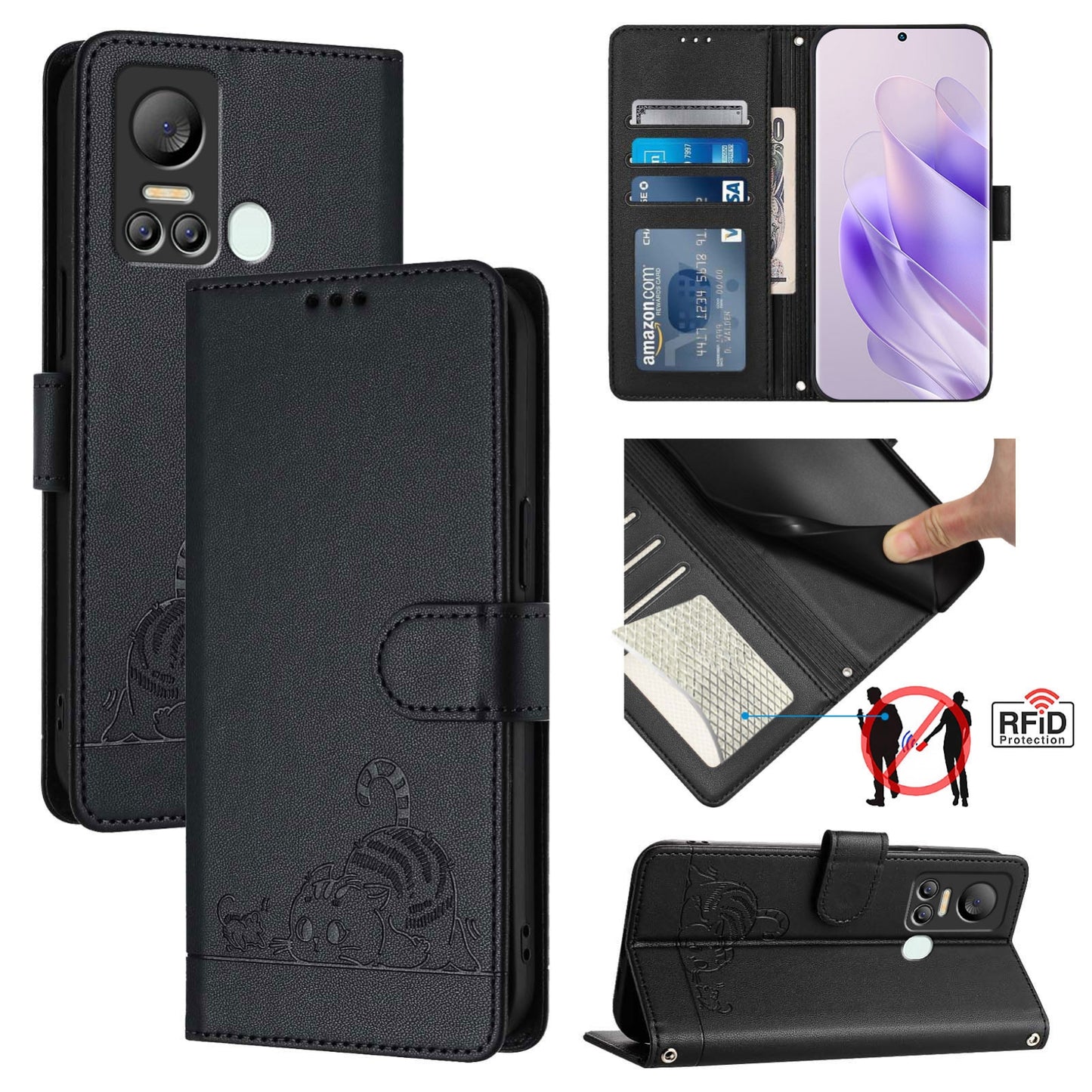 itel Vision 5 Cat & Rat Embossed RFID Leather Case, Lanyard, Wallet, Card Slots, Kickstand, Anti-Fall, Scratch-Resistant