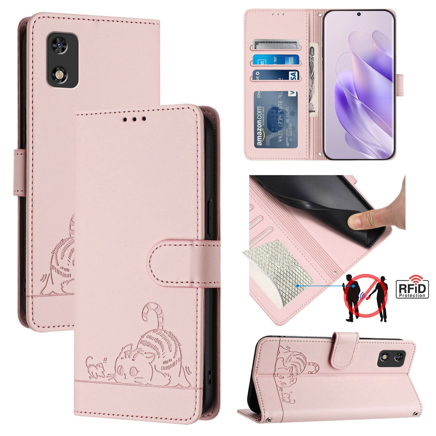 itel A17 Cat & Rat Embossed RFID Leather Case, Lanyard, Wallet, Card Slots, Kickstand, Anti-Fall, Scratch-Resistant
