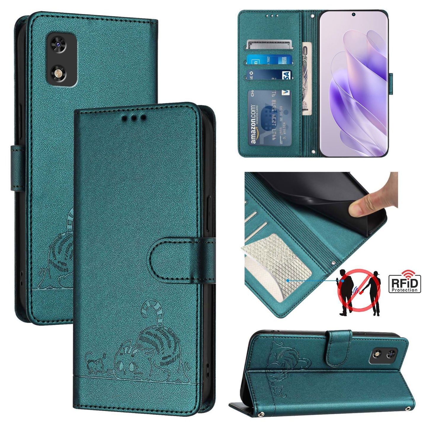 itel A17 Cat & Rat Embossed RFID Leather Case, Lanyard, Wallet, Card Slots, Kickstand, Anti-Fall, Scratch-Resistant