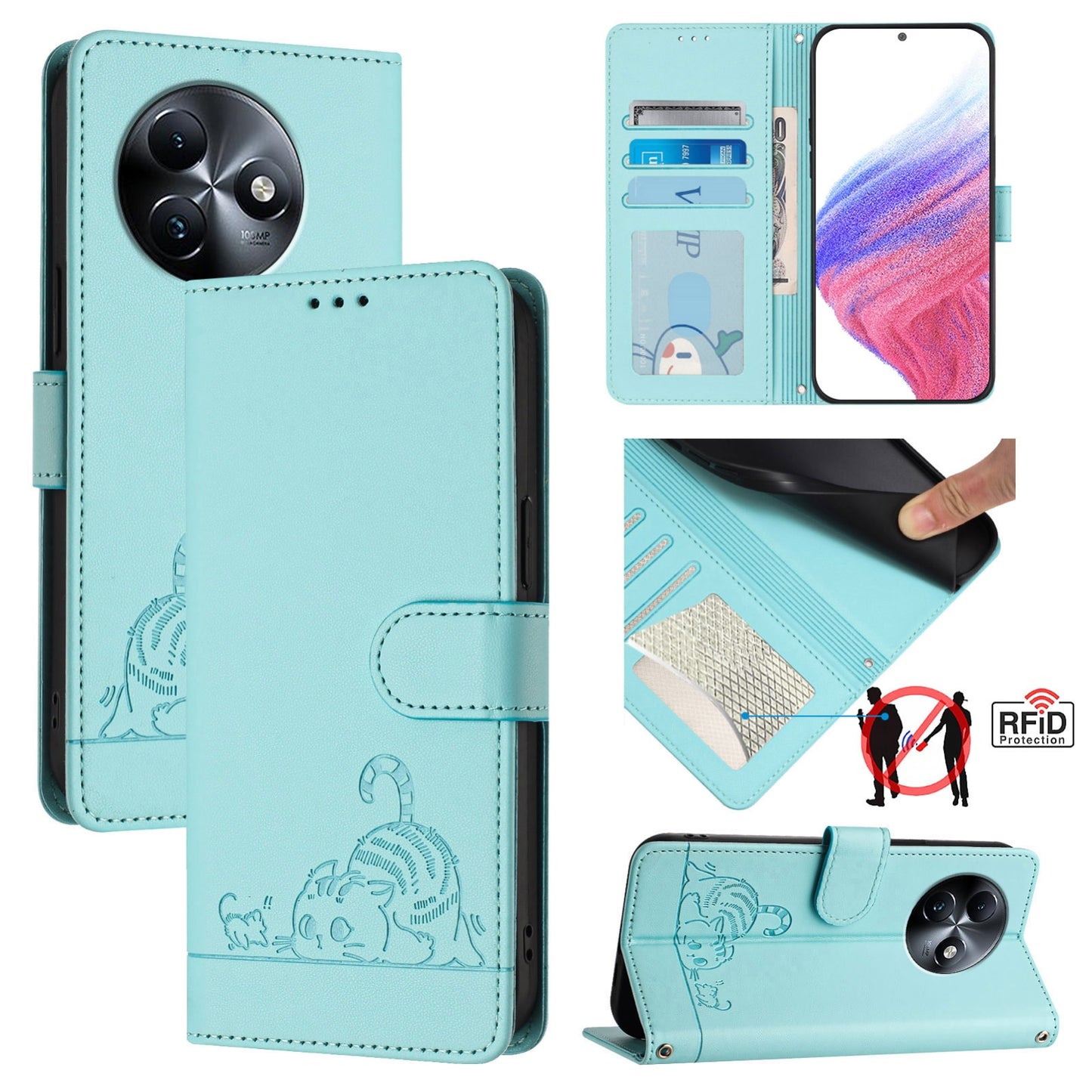 itel S24 Cat & Rat Embossed RFID Leather Case, Lanyard, Wallet, Card Slots, Kickstand, Anti-Fall, Scratch-Resistant