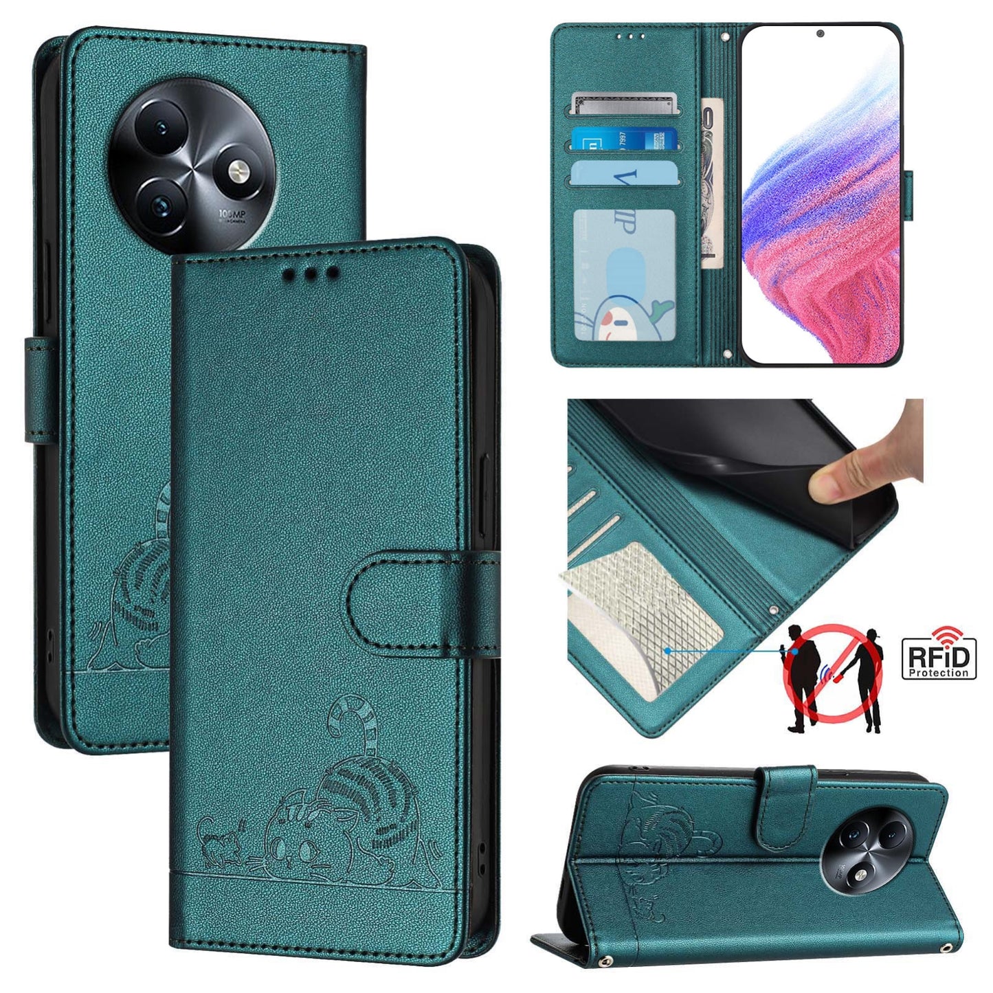 itel S24 Cat & Rat Embossed RFID Leather Case, Lanyard, Wallet, Card Slots, Kickstand, Anti-Fall, Scratch-Resistant