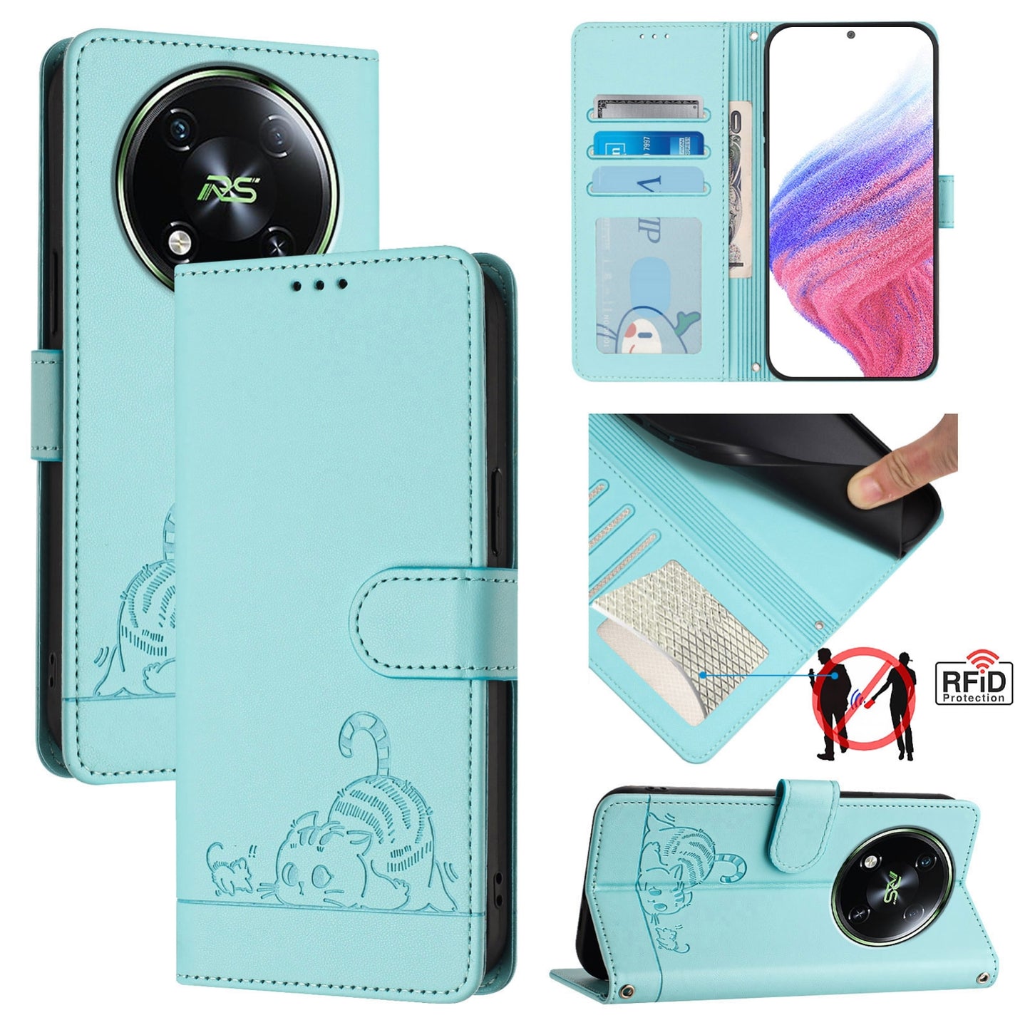 itel RS4 Cat & Rat Embossed RFID Leather Case, Lanyard, Wallet, Card Slots, Kickstand, Anti-Fall, Scratch-Resistant