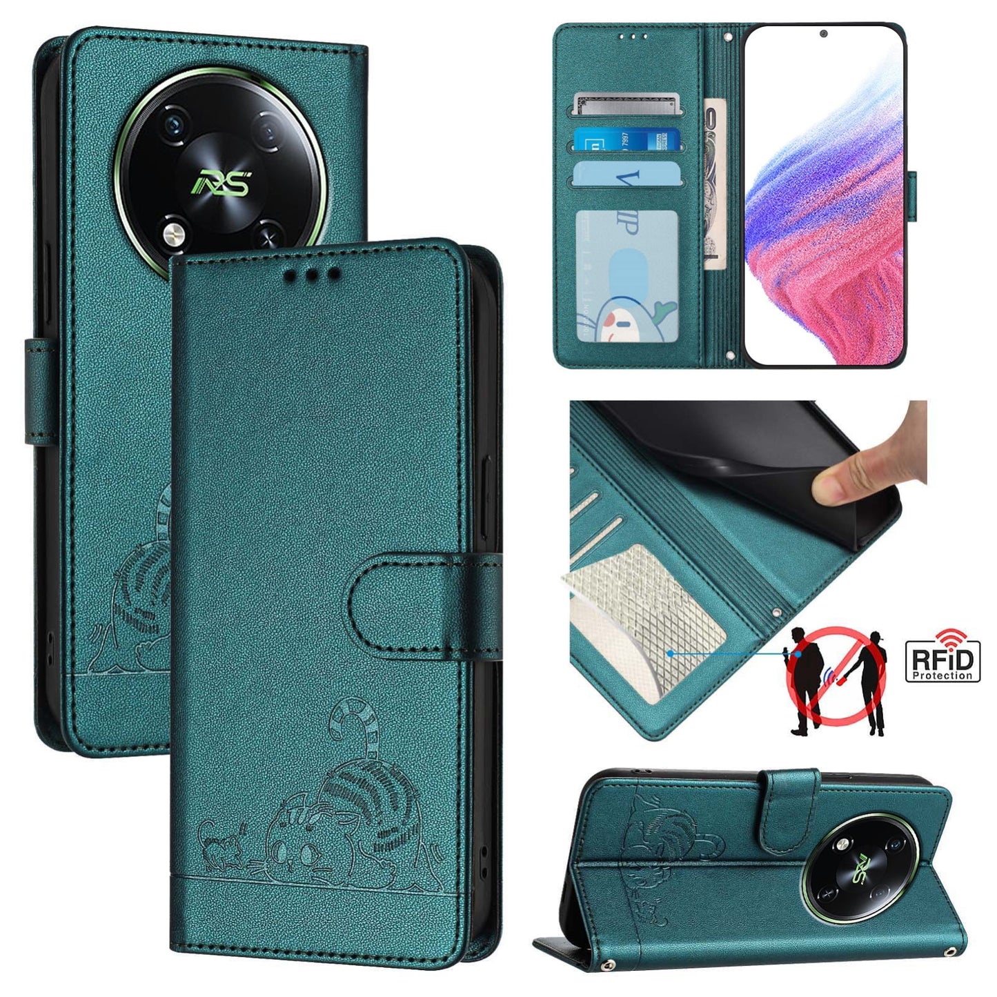 itel S666LN Cat & Rat Embossed RFID Leather Case, Lanyard, Wallet, Card Slots, Kickstand, Anti-Fall, Scratch-Resistant