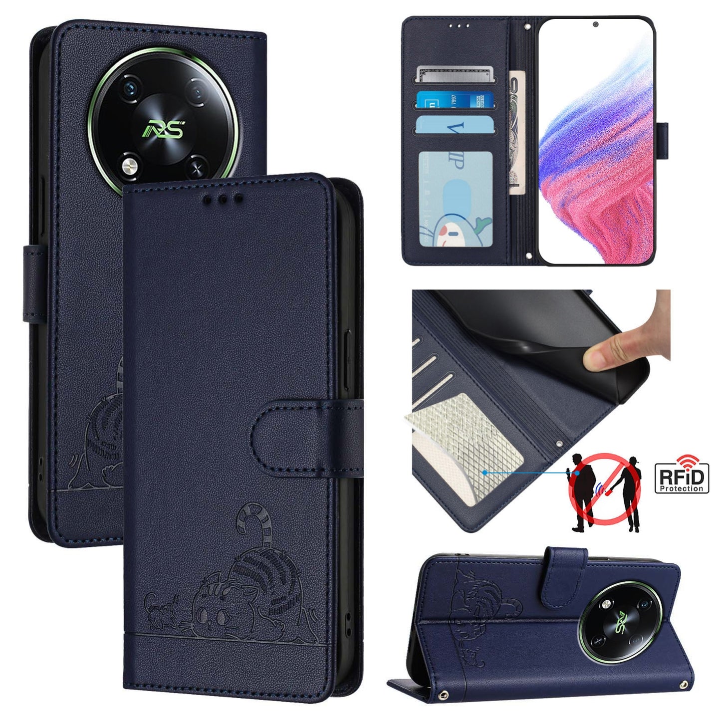 itel S666LN Cat & Rat Embossed RFID Leather Case, Lanyard, Wallet, Card Slots, Kickstand, Anti-Fall, Scratch-Resistant