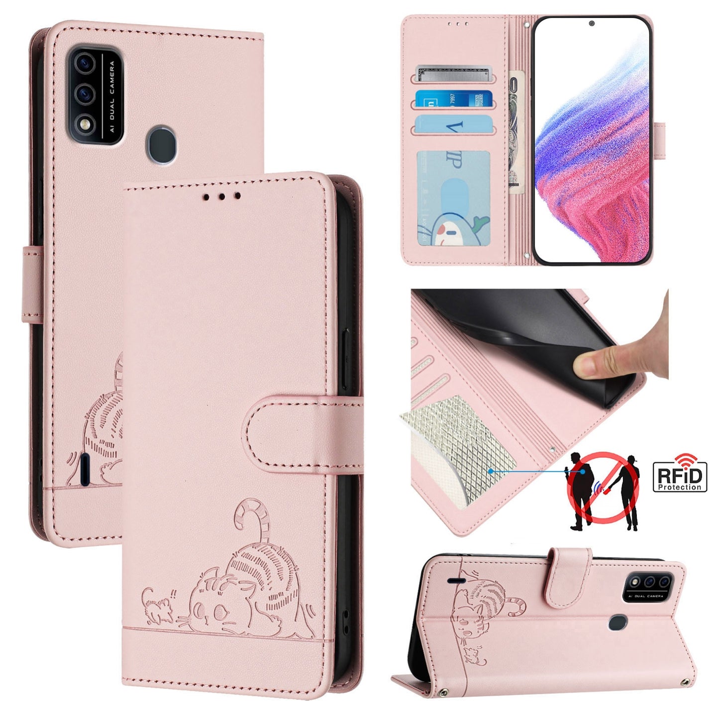 itel A48 Cat & Rat Embossed RFID Leather Case, Lanyard, Wallet, Card Slots, Kickstand, Anti-Fall, Scratch-Resistant