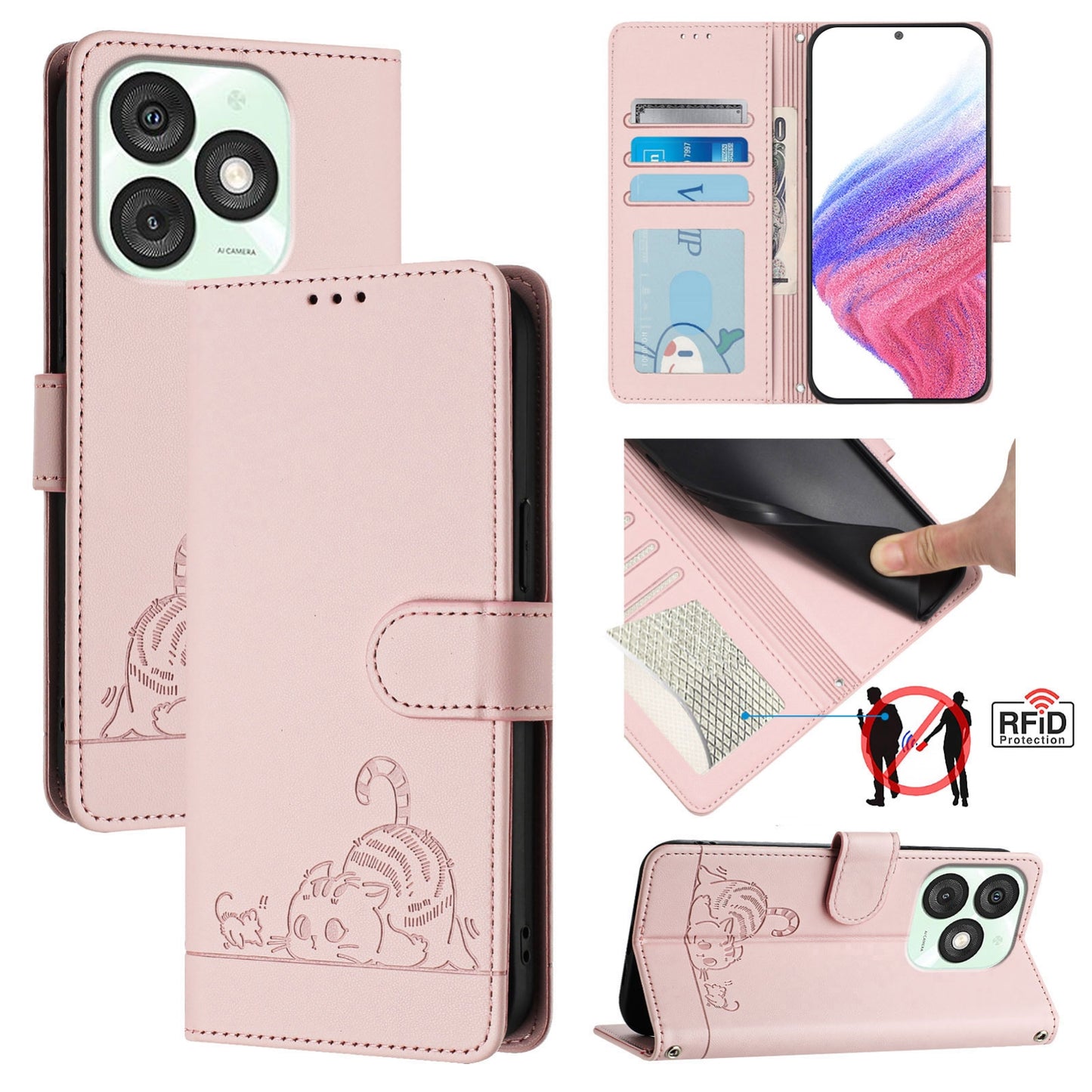itel A50 Cat & Rat Embossed RFID Leather Case, Lanyard, Wallet, Card Slots, Kickstand, Anti-Fall, Scratch-Resistant