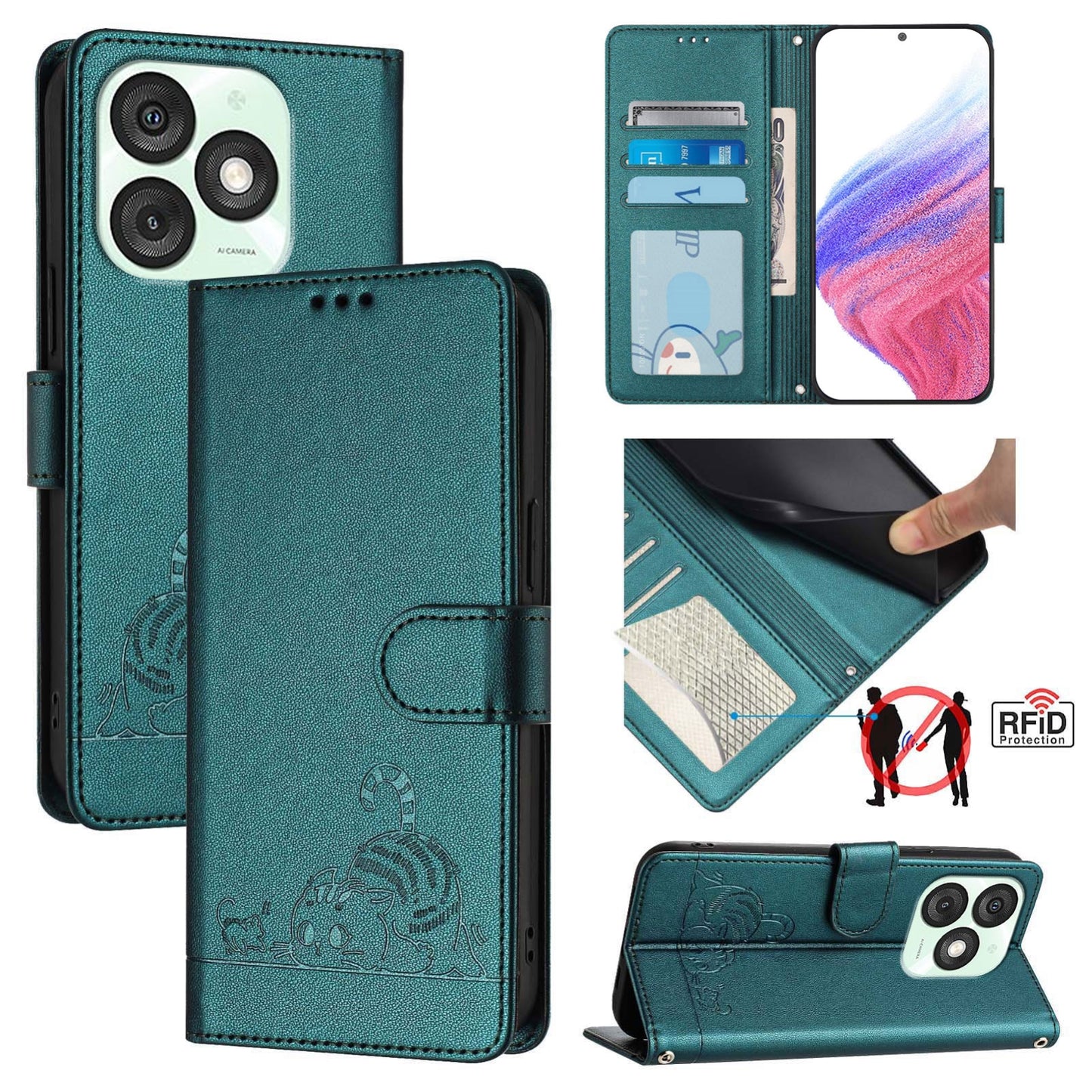 itel A50 Cat & Rat Embossed RFID Leather Case, Lanyard, Wallet, Card Slots, Kickstand, Anti-Fall, Scratch-Resistant