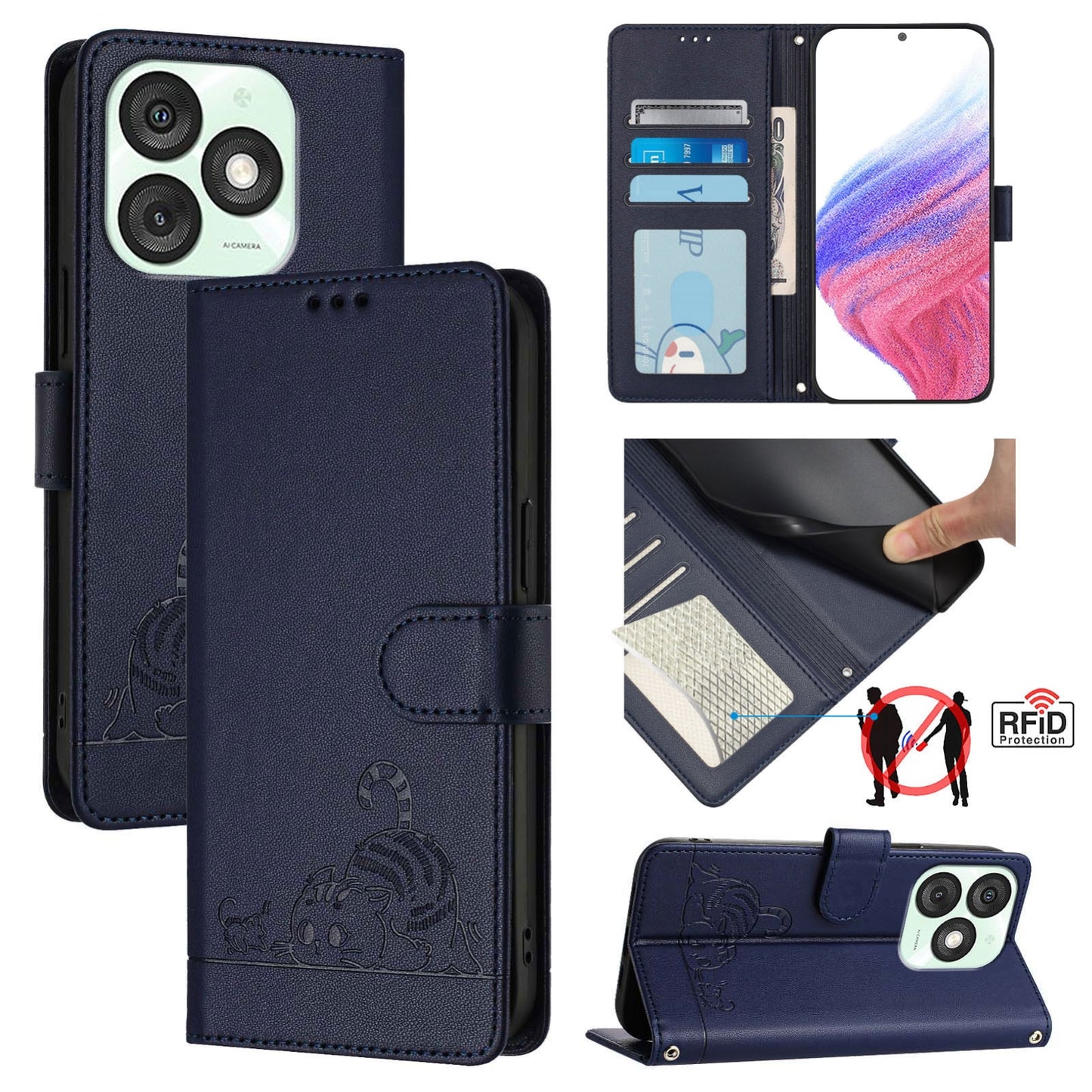 itel A50 Cat & Rat Embossed RFID Leather Case, Lanyard, Wallet, Card Slots, Kickstand, Anti-Fall, Scratch-Resistant