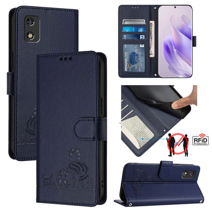 Tecno POP 5C Cat & Rat Embossed RFID Leather Case, Lanyard, Wallet, Card Slots, Kickstand, Anti-Fall, Scratch-Resistant