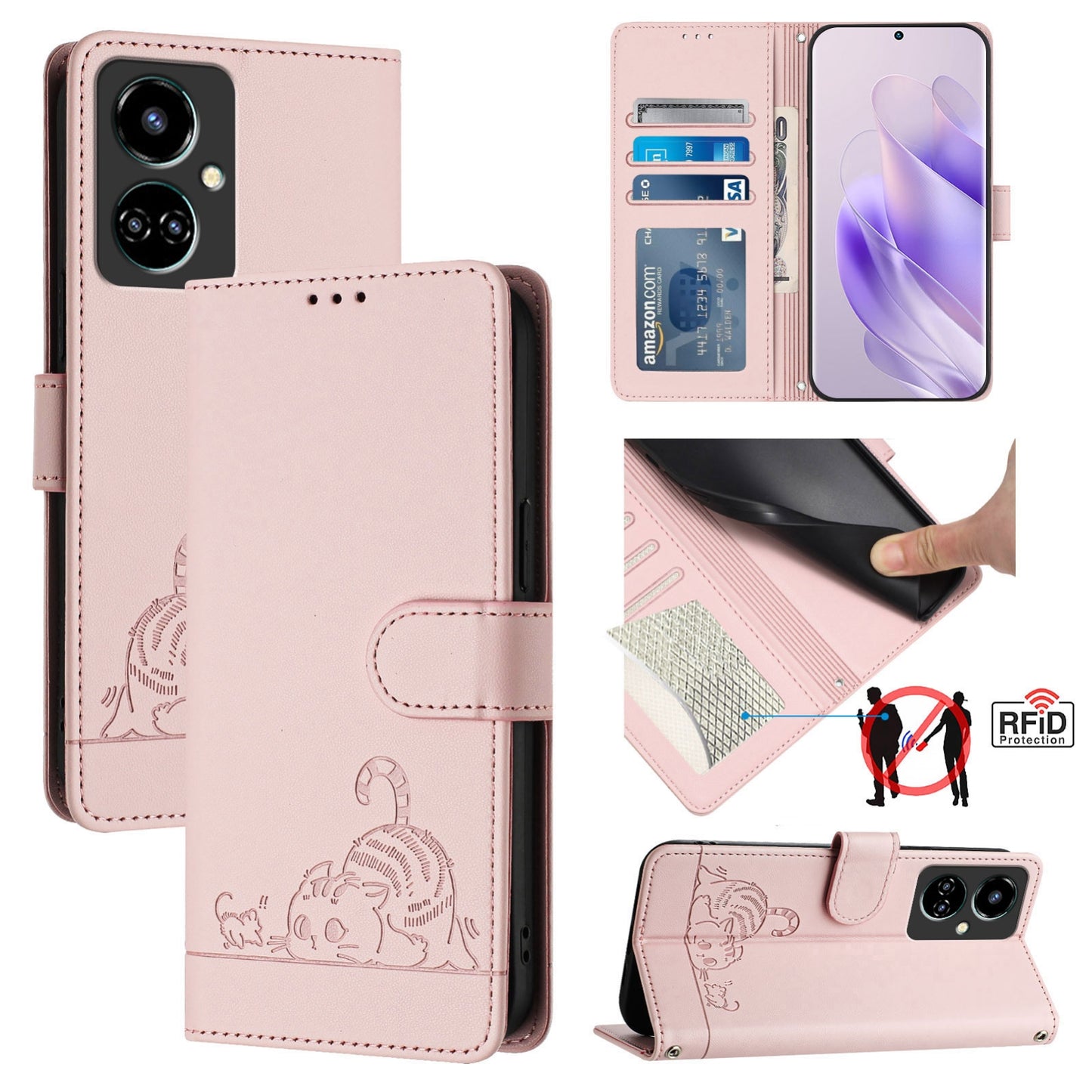 Tecno Camon 19 Cat & Rat Embossed RFID Leather Case, Lanyard, Wallet, Card Slots, Kickstand, Anti-Fall, Scratch-Resistant