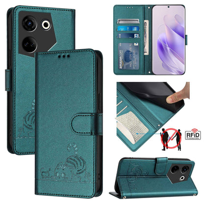 Tecno Camon 20 Cat & Rat Embossed RFID Leather Case, Lanyard, Wallet, Card Slots, Kickstand, Anti-Fall, Scratch-Resistant