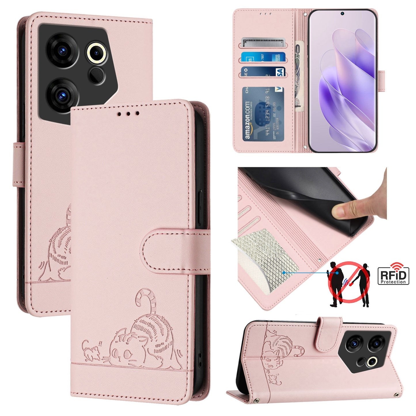 Tecno Camon 20 Premier 5G Cat & Rat Embossed RFID Leather Case, Lanyard, Wallet, Card Slots, Kickstand, Anti-Fall, Scratch-Resistant