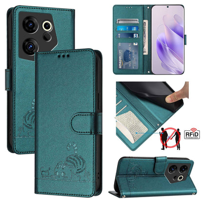 Tecno Camon 20 CK9N Cat & Rat Embossed RFID Leather Case, Lanyard, Wallet, Card Slots, Kickstand, Anti-Fall, Scratch-Resistant