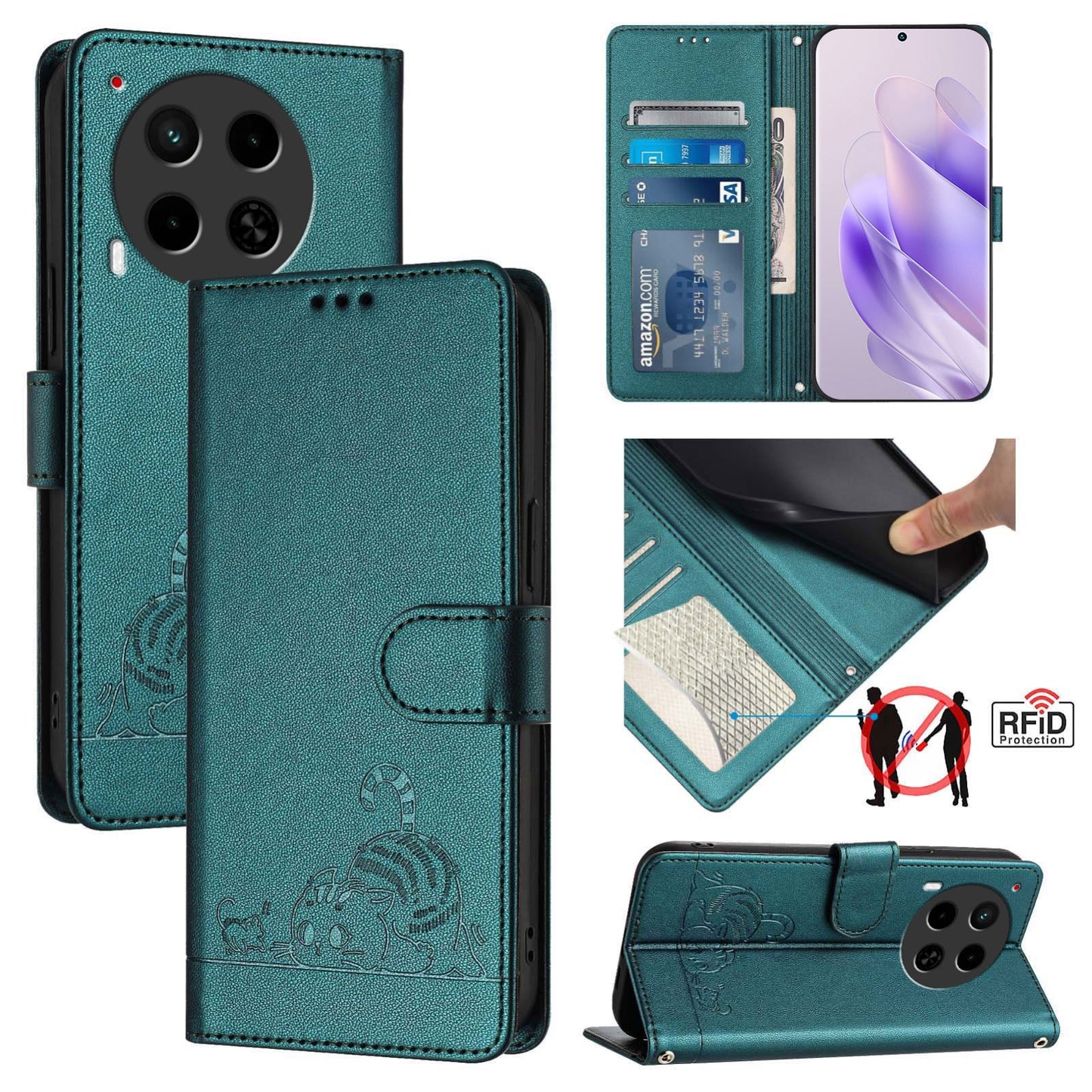 Tecno Camon 30 4G Cat & Rat Embossed RFID Leather Case, Lanyard, Wallet, Card Slots, Kickstand, Anti-Fall, Scratch-Resistant