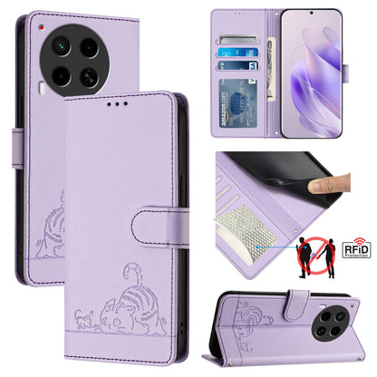 Tecno Camon 30 4G Cat & Rat Embossed RFID Leather Case, Lanyard, Wallet, Card Slots, Kickstand, Anti-Fall, Scratch-Resistant