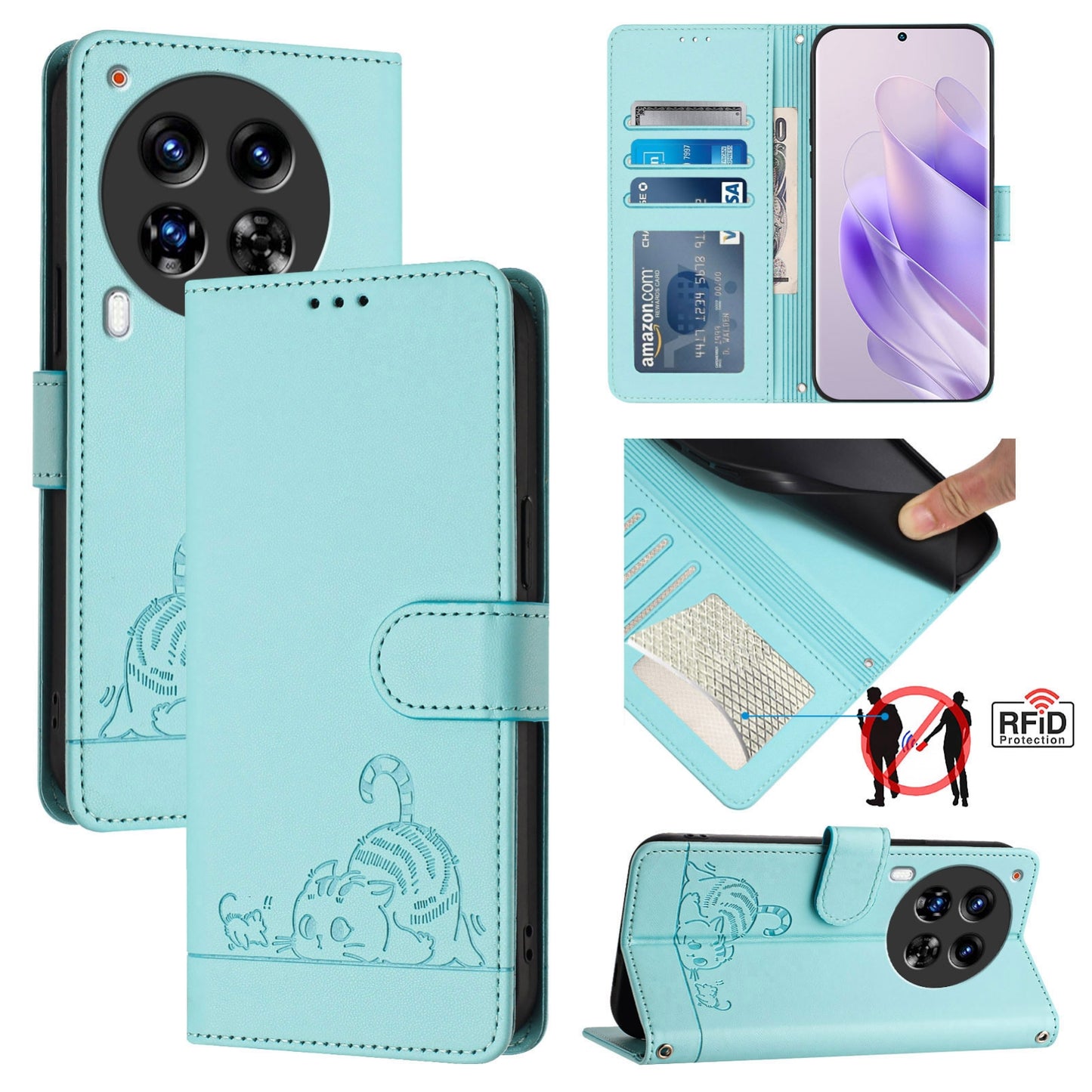 Tecno Camon 30 Premier 5G cl9 Cat & Rat Embossed RFID Leather Case, Lanyard, Wallet, Card Slots, Kickstand, Anti-Fall, Scratch-Resistant