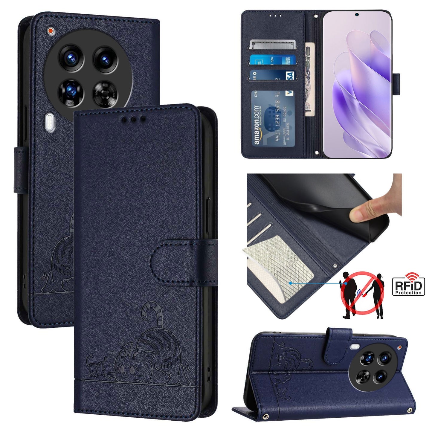 Tecno Camon 30 Premier 5G cl9 Cat & Rat Embossed RFID Leather Case, Lanyard, Wallet, Card Slots, Kickstand, Anti-Fall, Scratch-Resistant