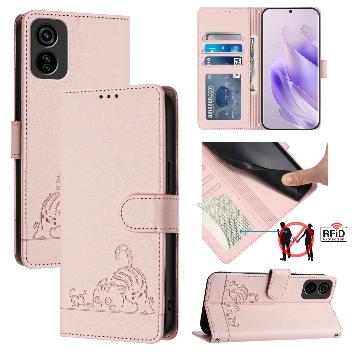 Tecno POP 6C Cat & Rat Embossed RFID Leather Case, Lanyard, Wallet, Card Slots, Kickstand, Anti-Fall, Scratch-Resistant