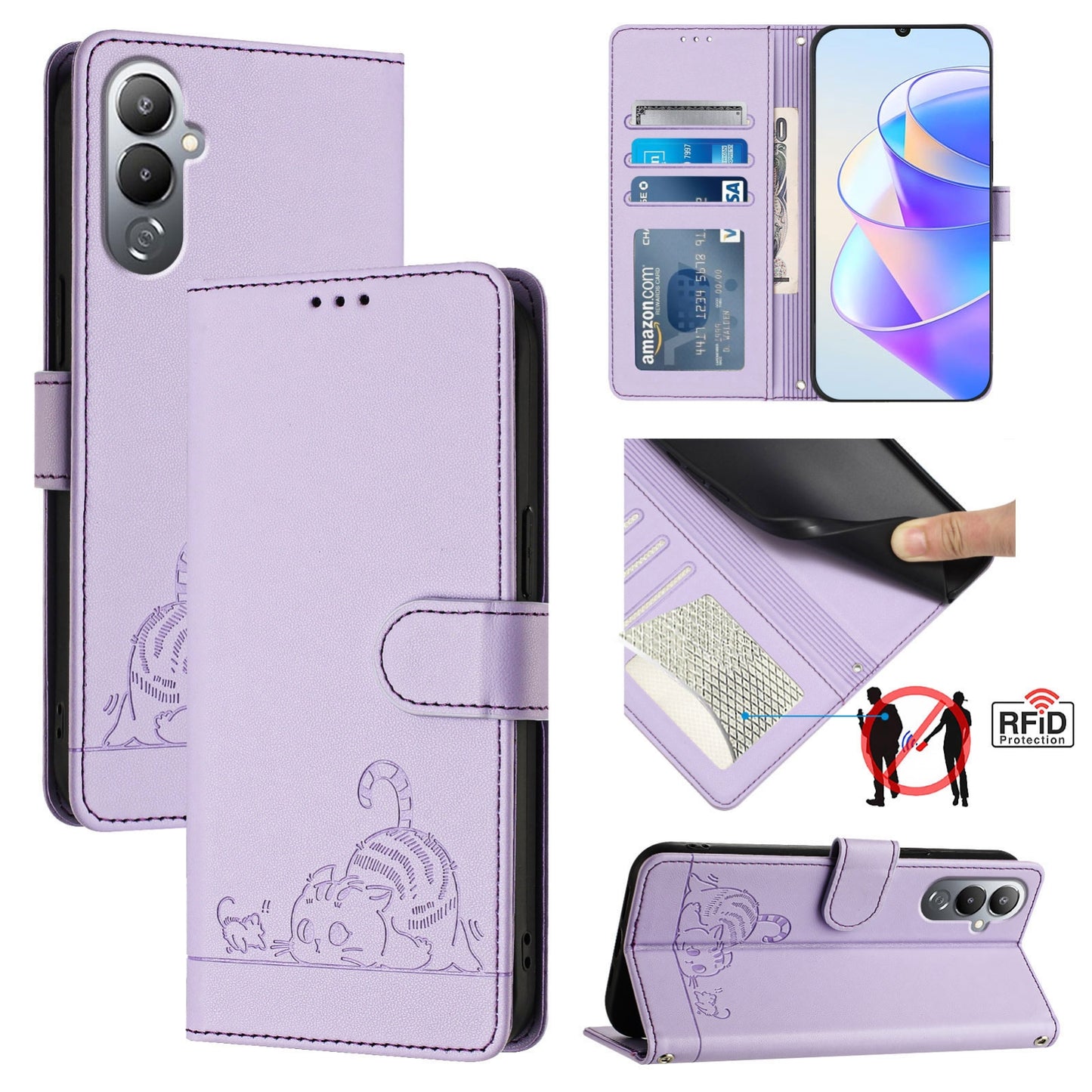 Tecno POVA 4 Cat & Rat Embossed RFID Leather Case, Lanyard, Wallet, Card Slots, Kickstand, Anti-Fall, Scratch-Resistant