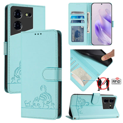 Tecno Pova 5 4G Cat & Rat Embossed RFID Leather Case, Lanyard, Wallet, Card Slots, Kickstand, Anti-Fall, Scratch-Resistant