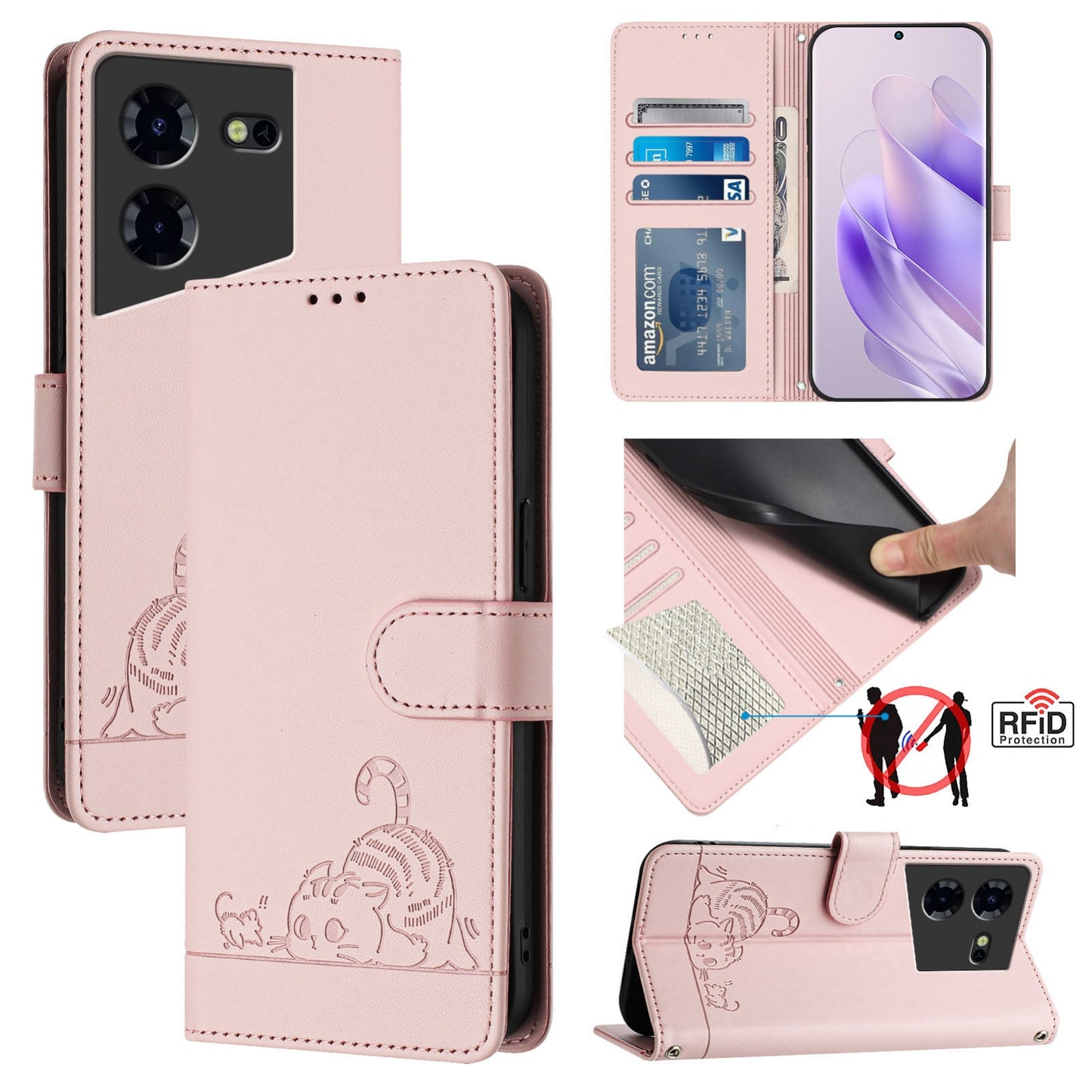 Tecno Pova 5 4G Cat & Rat Embossed RFID Leather Case, Lanyard, Wallet, Card Slots, Kickstand, Anti-Fall, Scratch-Resistant