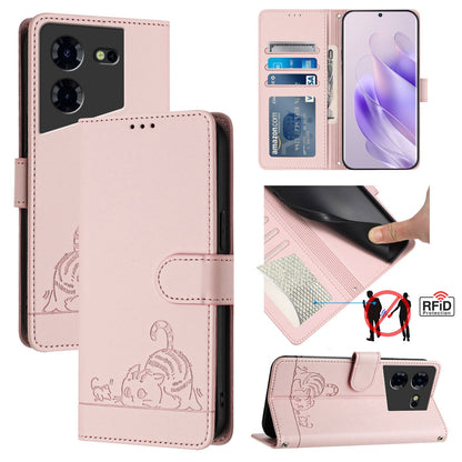 Tecno Pova 5 4G Cat & Rat Embossed RFID Leather Case, Lanyard, Wallet, Card Slots, Kickstand, Anti-Fall, Scratch-Resistant