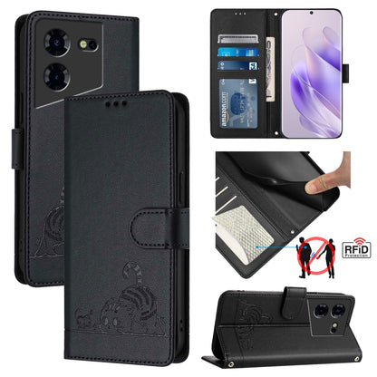 Tecno Pova 5 4G Cat & Rat Embossed RFID Leather Case, Lanyard, Wallet, Card Slots, Kickstand, Anti-Fall, Scratch-Resistant