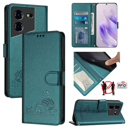 Tecno Pova 5 Pro 5G Cat & Rat Embossed RFID Leather Case, Lanyard, Wallet, Card Slots, Kickstand, Anti-Fall, Scratch-Resistant