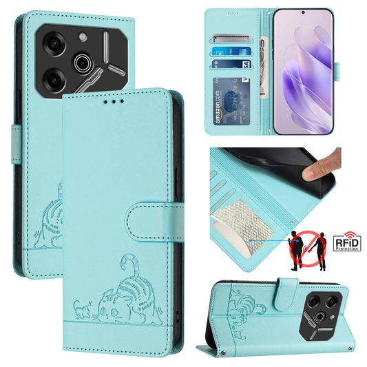Tecno Pova 6 Pro li9 Cat & Rat Embossed RFID Leather Case, Lanyard, Wallet, Card Slots, Kickstand, Anti-Fall, Scratch-Resistant