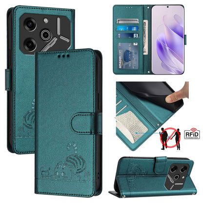 Tecno Pova 6 Pro li9 Cat & Rat Embossed RFID Leather Case, Lanyard, Wallet, Card Slots, Kickstand, Anti-Fall, Scratch-Resistant