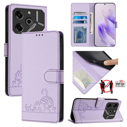 Tecno Pova 6 Pro li9 Cat & Rat Embossed RFID Leather Case, Lanyard, Wallet, Card Slots, Kickstand, Anti-Fall, Scratch-Resistant