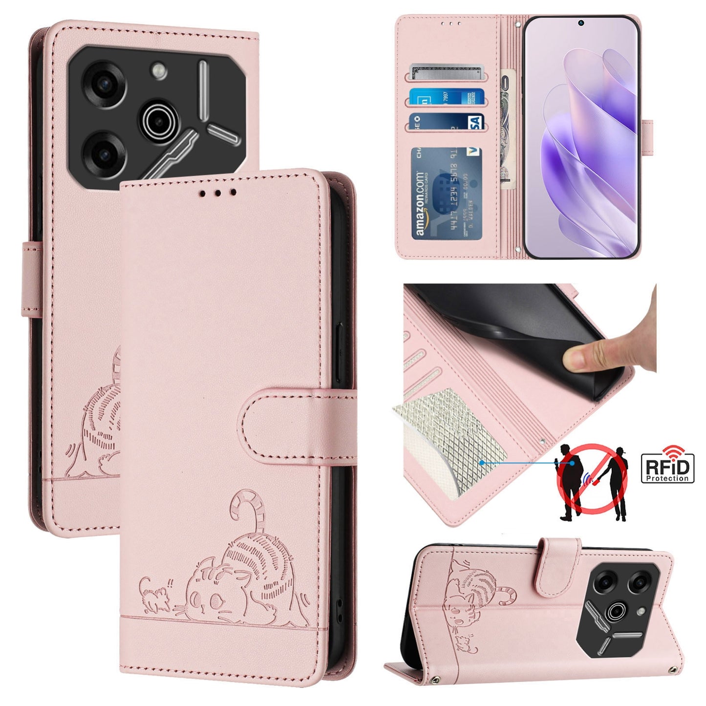 Tecno Pova 6 5G Cat & Rat Embossed RFID Leather Case, Lanyard, Wallet, Card Slots, Kickstand, Anti-Fall, Scratch-Resistant