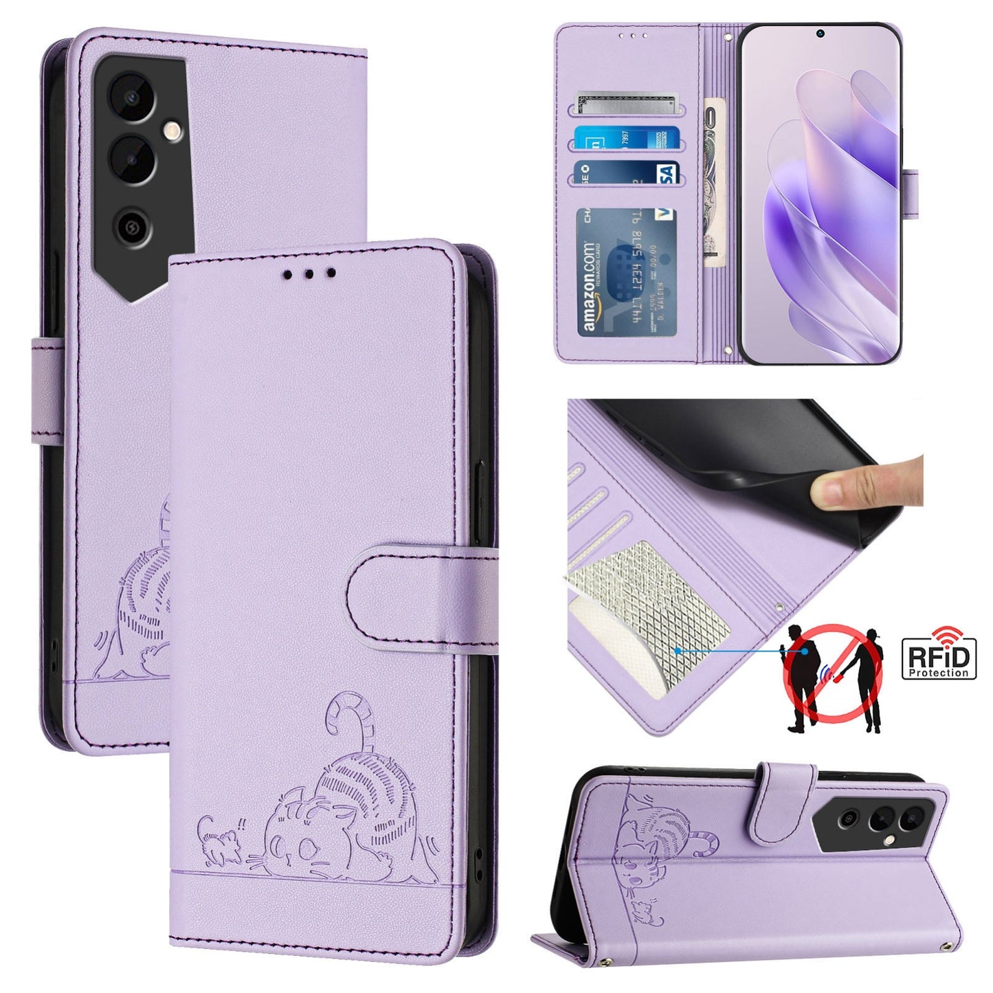 Tecno Pova NEO 2 Cat & Rat Embossed RFID Leather Case, Lanyard, Wallet, Card Slots, Kickstand, Anti-Fall, Scratch-Resistant