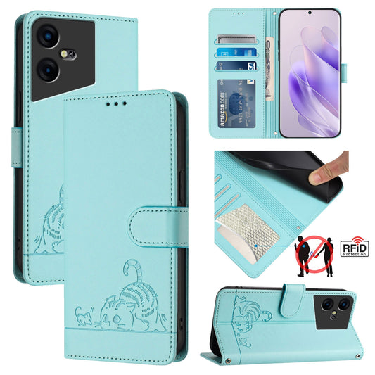 Tecno Pova Neo 3 Cat & Rat Embossed RFID Leather Case, Lanyard, Wallet, Card Slots, Kickstand, Anti-Fall, Scratch-Resistant