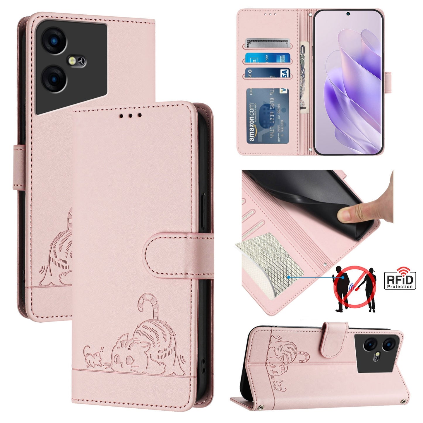 Tecno Pova Neo 3 Cat & Rat Embossed RFID Leather Case, Lanyard, Wallet, Card Slots, Kickstand, Anti-Fall, Scratch-Resistant