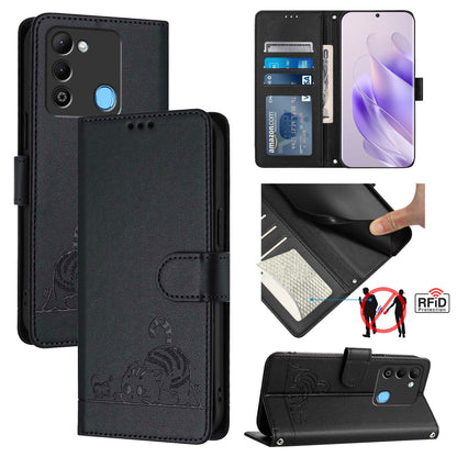 Tecno Spark 9 Cat & Rat Embossed RFID Leather Case, Lanyard, Wallet, Card Slots, Kickstand, Anti-Fall, Scratch-Resistant