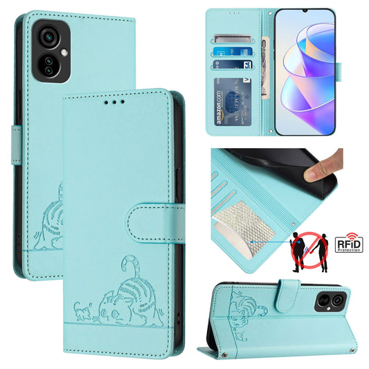 Tecno Spark 9T Cat & Rat Embossed RFID Leather Case, Lanyard, Wallet, Card Slots, Kickstand, Anti-Fall, Scratch-Resistant