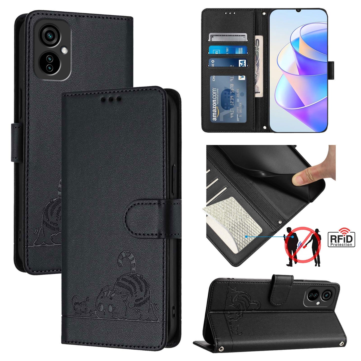 Tecno Spark 9 Pro Cat & Rat Embossed RFID Leather Case, Lanyard, Wallet, Card Slots, Kickstand, Anti-Fall, Scratch-Resistant