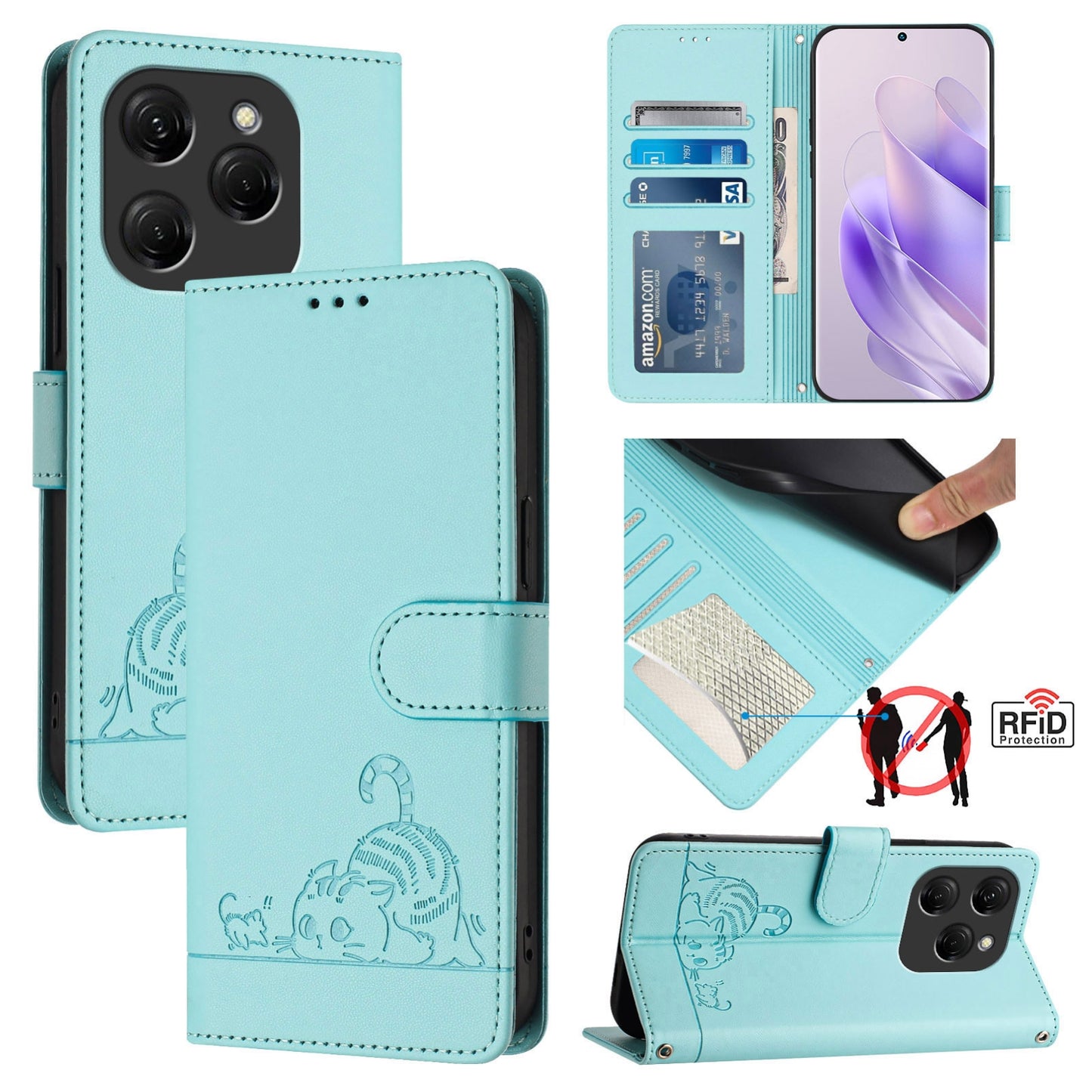 Tecno Spark 20 Pro Cat & Rat Embossed RFID Leather Case, Lanyard, Wallet, Card Slots, Kickstand, Anti-Fall, Scratch-Resistant