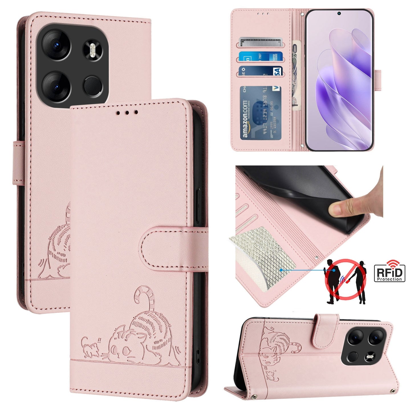 Tecno Spark GO 2023 Cat & Rat Embossed RFID Leather Case, Lanyard, Wallet, Card Slots, Kickstand, Anti-Fall, Scratch-Resistant