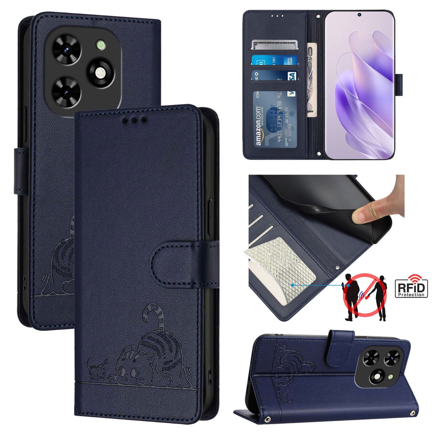 Tecno Spark 20C Cat & Rat Embossed RFID Leather Case, Lanyard, Wallet, Card Slots, Kickstand, Anti-Fall, Scratch-Resistant
