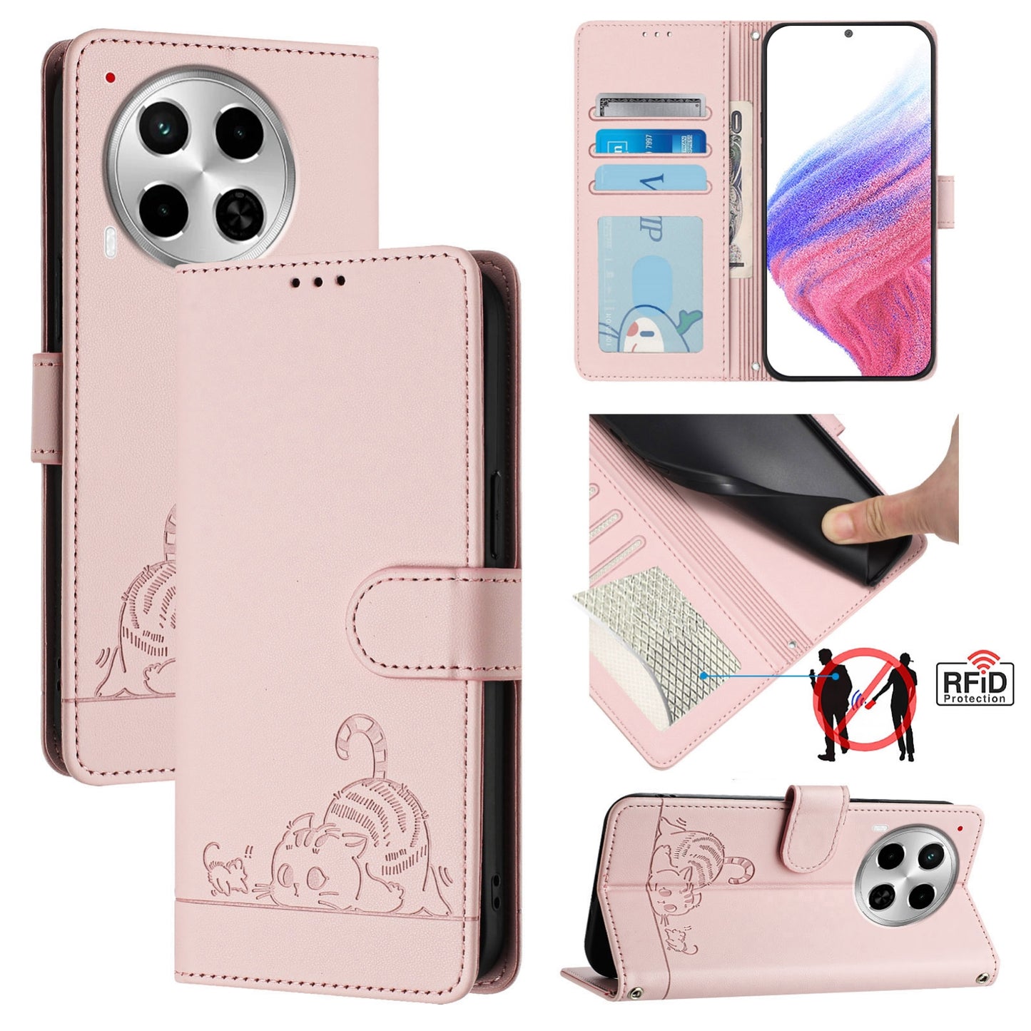 Tecno Camon 30 5G Cat & Rat Embossed RFID Leather Case, Lanyard, Wallet, Card Slots, Kickstand, Anti-Fall, Scratch-Resistant