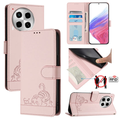 Tecno Camon 30 5G Cat & Rat Embossed RFID Leather Case, Lanyard, Wallet, Card Slots, Kickstand, Anti-Fall, Scratch-Resistant
