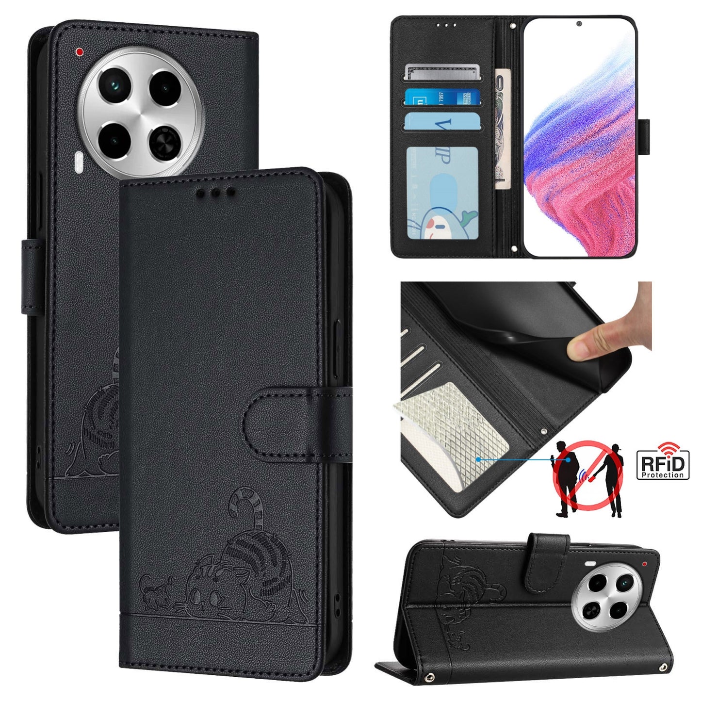 Tecno Camon 30 5G Cat & Rat Embossed RFID Leather Case, Lanyard, Wallet, Card Slots, Kickstand, Anti-Fall, Scratch-Resistant